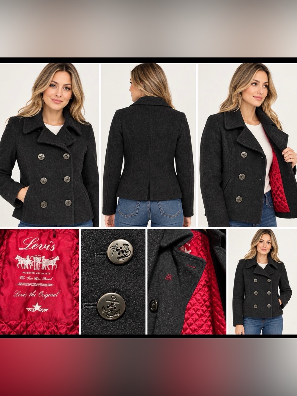 Levi’s Black Wool Peacoat Red Quilted Lining Anchor Buttons